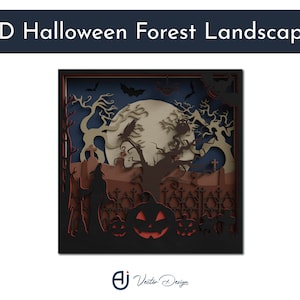 May include: A 3D paper cut-out Halloween scene with a witch, a full moon, and a graveyard. The scene is set in a dark forest with trees and bats. There are also pumpkins and a fence in the foreground.