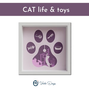 Cat life and toys | 3D shadow box | Multi-layered laser cut | Files for cricut | Easy instructions | Silhouette | Layer paper art