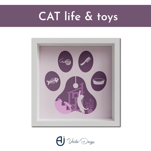 Cat life and toys | 3D shadow box | Multi-layered laser cut | Files for cricut | Easy instructions | Silhouette | Layer paper art Cat life and toys | 3D shadow box | Multi-layered laser cut | Files for cricut | Easy instructions | Silhouette | Layer paper art