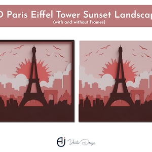 May include: A 3D paper cut-out illustration of the Eiffel Tower in Paris, France. The tower is silhouetted against a pink sunset sky with clouds. The city skyline is visible in the background. The image is framed in a brown border.