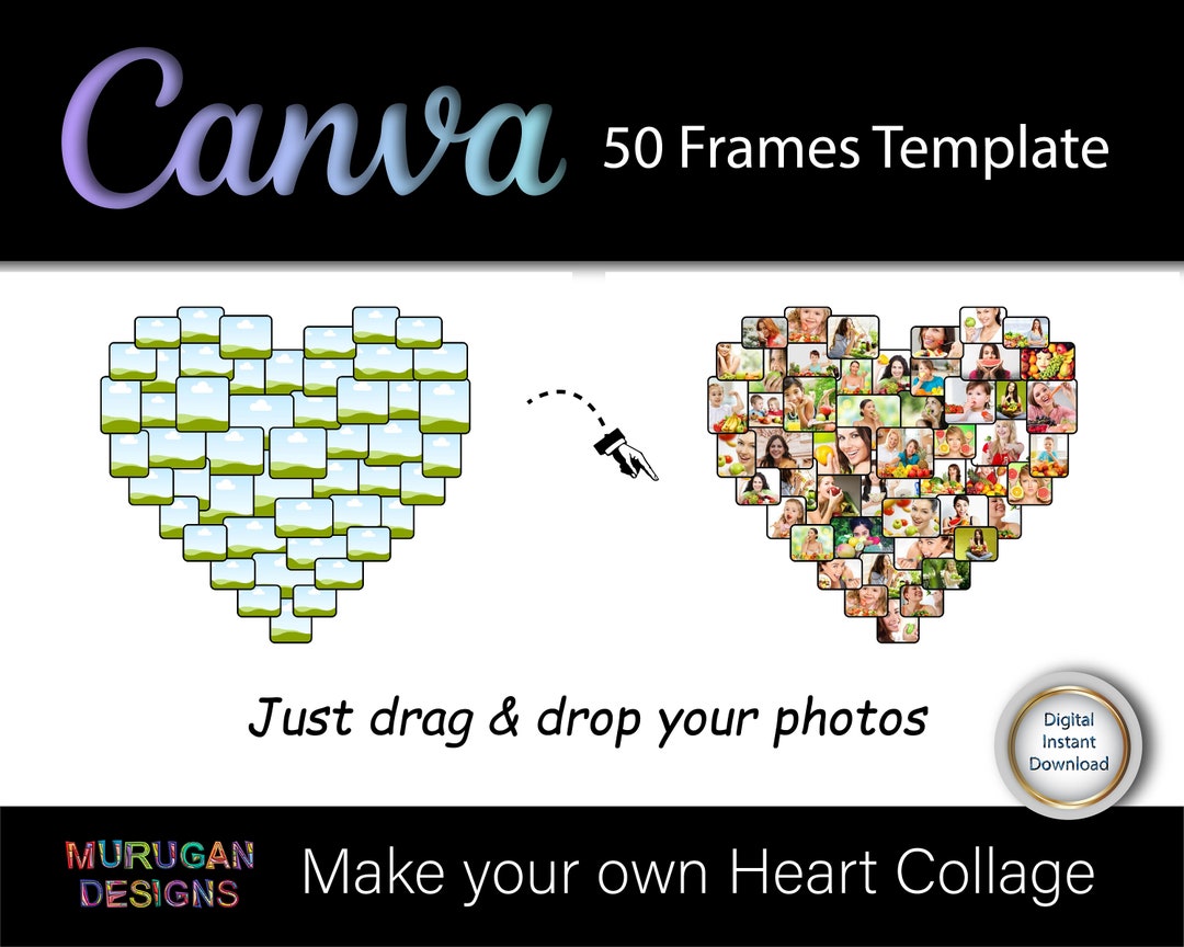 Canva Heart Collage Template – 50 Frames, Drag & Drop (digital Download ...