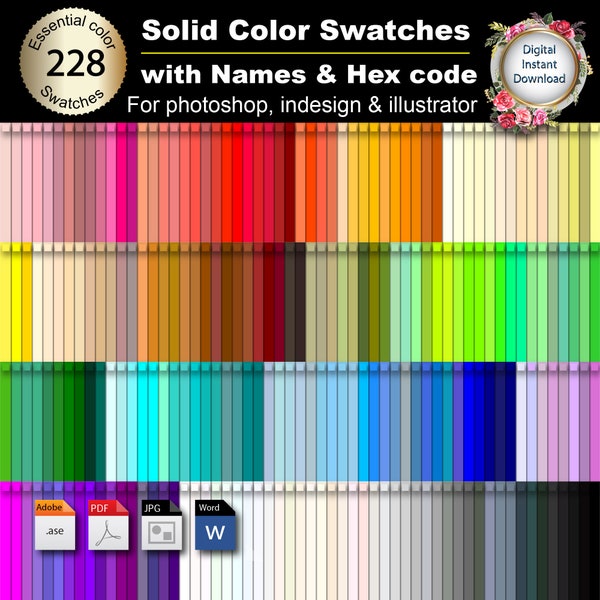 Color Swatches with Names & Hex codes | 228 solid colors | Colour palette for photoshop, illustrator, indesign | instant download |