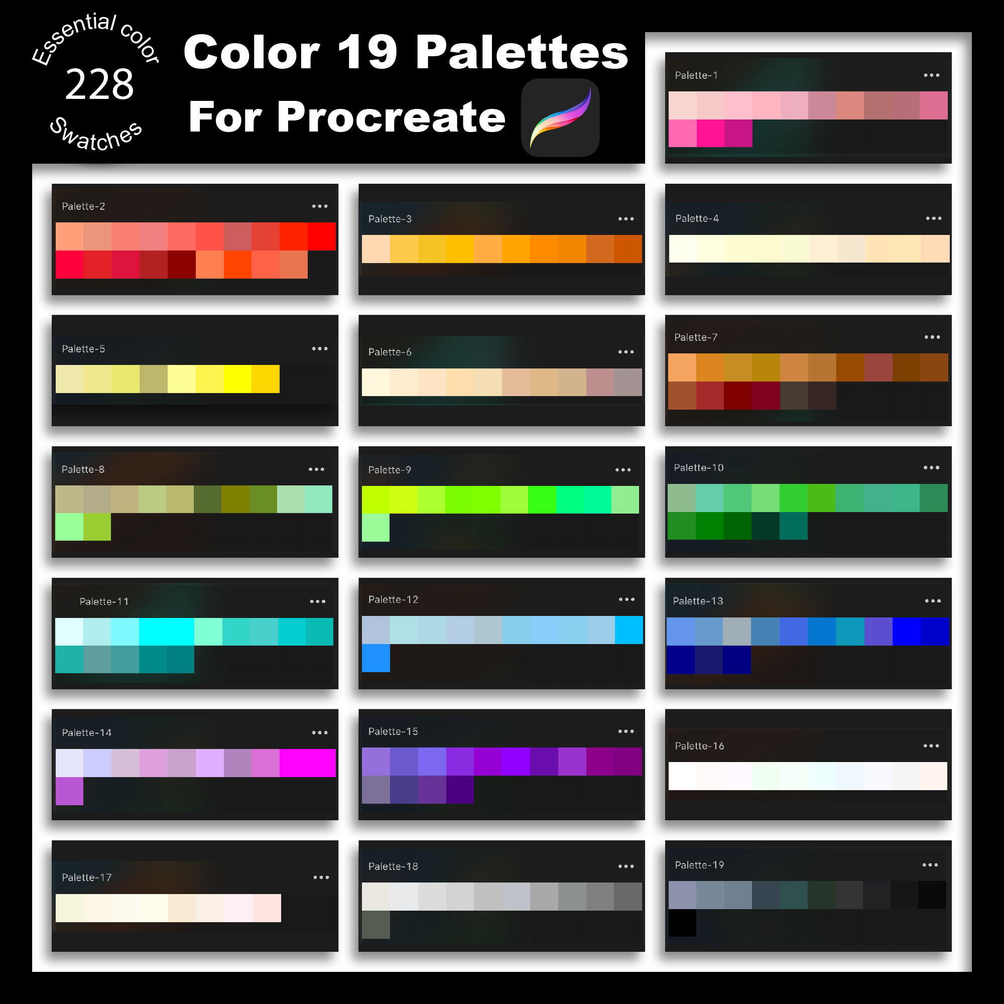 Color Code 228 Procreate Color Palettes | 19-palettes | 228 Color Swatches | Color ...