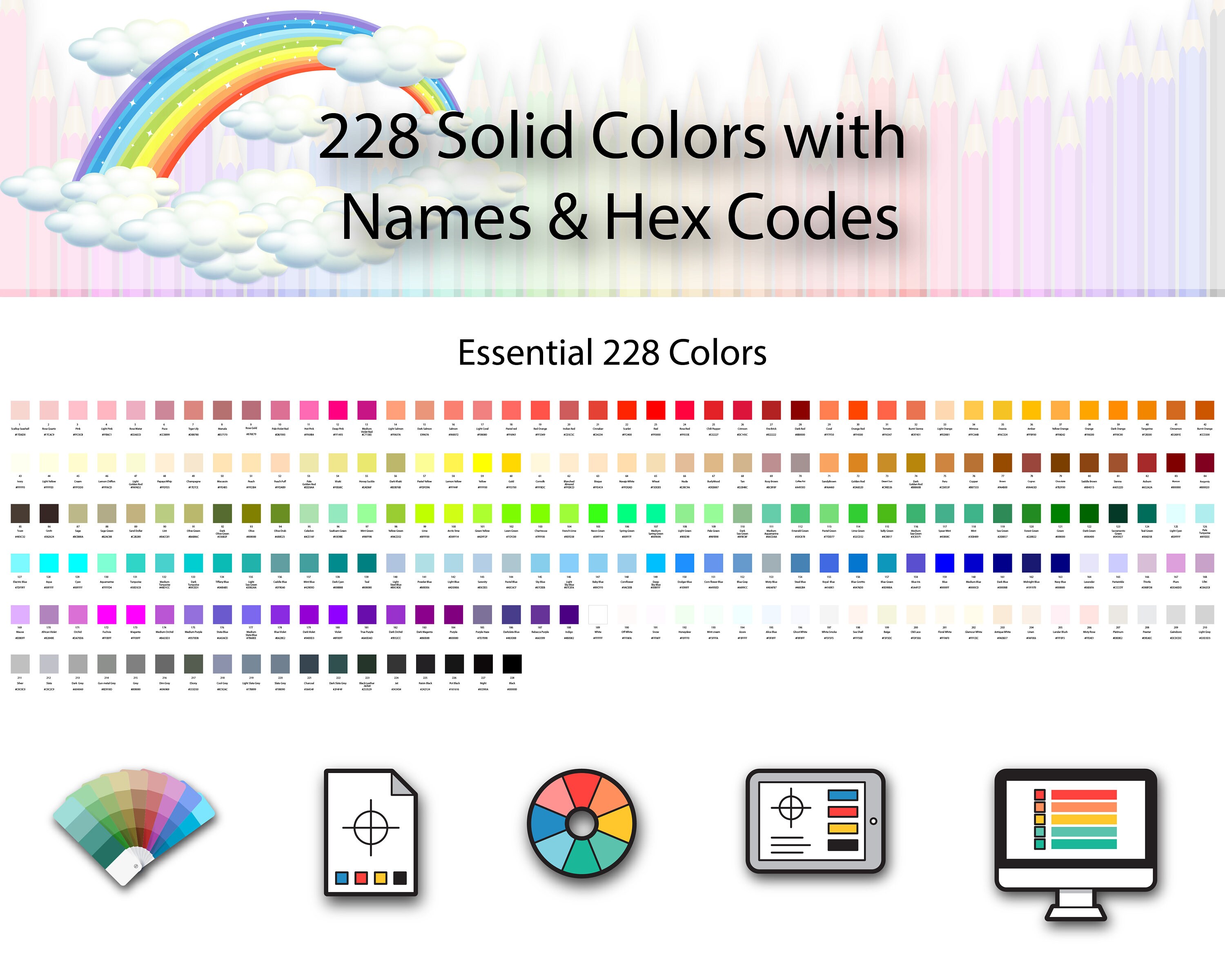 Color Swatches With Names & Hex Codes 228 Solid Colors Colour Palette for Illustrator