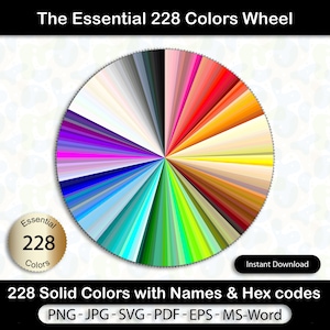 228 Solid  Colors Wheel | Colours with Names & Hex codes | Essential 228 plain Colors | Colour palette | instant download