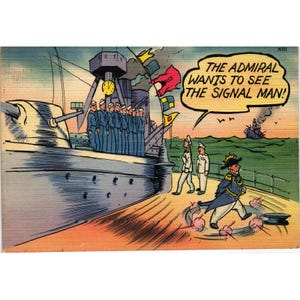 Vintage WWII Navy Comic Postcard Tichnor Signal Man Admiral Military Ship USA