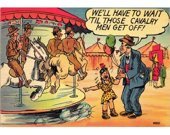 Vintage 1942 Cavalry Comic Postcard MH21 Military Army Soldier Carousel WWII
