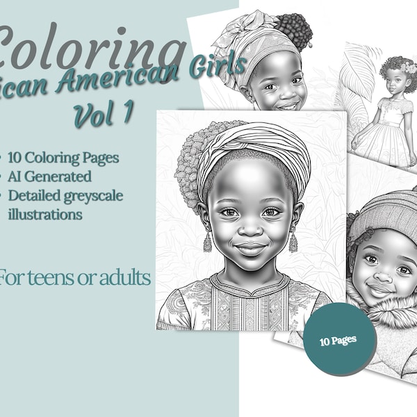 African American Girls - Vol 1 - 10 High Resolution Printable Coloring Pages - AI Generated Illustrations