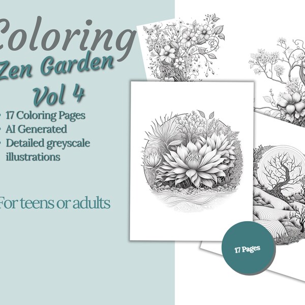 Zen Garden - 17 Adult Printable Coloring Pages - AI Generated Illustrations - Vol 4