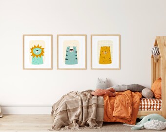 Wild Cats Set of 3, Digital Art Print, baby boy, nursery decor, South African decor, whimsical art, nursery animal art, art for kids hub
