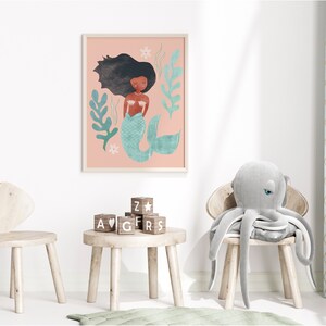 Mermaid wall art, black mermaid art, boho girl room, rattan decor, afro mermaid, Boho art print, bohemian wall art, whimsical art, imagem 3