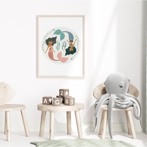 Mermaid wall art, mermaid art, black mermaids, boho girl room, pastel mermaid, rattan furniture, Boho vintage, nursery decor, hygge kids