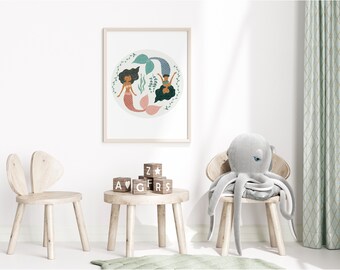 Mermaid wall art, mermaid art, black mermaids, boho girl room, pastel mermaid, rattan furniture, Boho vintage, nursery decor, hygge kids