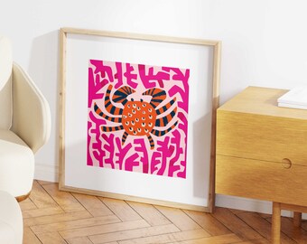 Bright crab art, Unique quirky art, colourful sea creature, beach house art, surf theme art, colourful crab print,  funky colorful art