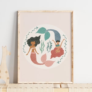 Boho Mermaids, whimsical mermaid, mixed race mermaid, mermaid art, boho girl room, rattan decor, Boho art print, beach girl theme