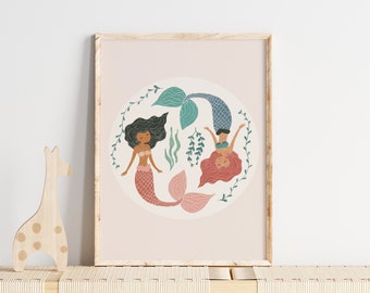 Boho Mermaids, whimsical mermaid, mixed race mermaid, mermaid art, boho girl room, rattan decor, Boho art print, beach girl theme