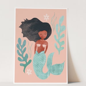 Mermaid wall art, black mermaid art, boho girl room, rattan decor, afro mermaid, Boho art print, bohemian wall art, whimsical art, image 2