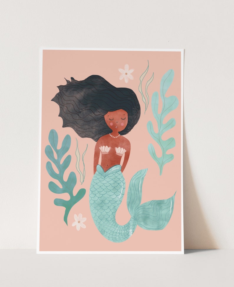 Mermaid wall art, black mermaid art, boho girl room, rattan decor, afro mermaid, Boho art print, bohemian wall art, whimsical art, image 2