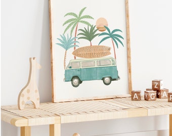 May include: A framed print of a blue vintage van with a surfboard on top, driving through a palm tree forest with a sunset in the background. The print is on a wooden shelf with wooden blocks that spell out the letters "A K G Z A F".