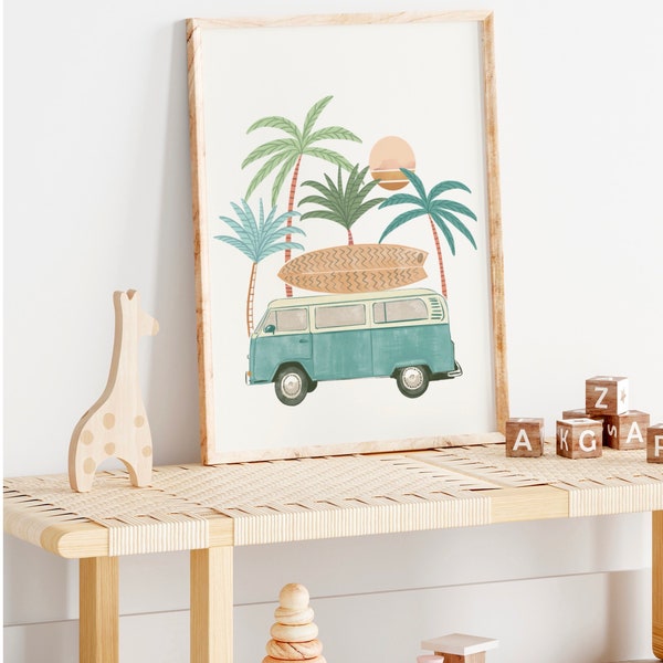 Boho Surf, art mural de la mer, art de la chambre des garçons, salle à thème de la plage, surf des garçons, chambre des garçons boho, art mural bébé garçon, art mural vintage, art rétro boho