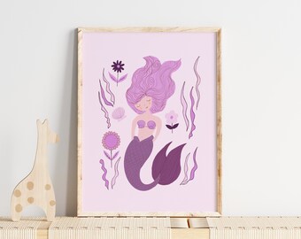 Lavender Mermaid Art Print, Boho Girl Room Decor (Digital Download)