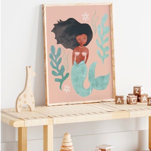 Mermaid wall art, black mermaid art, boho girl room, rattan decor, afro mermaid, Boho art print, bohemian wall art, whimsical art, image 4