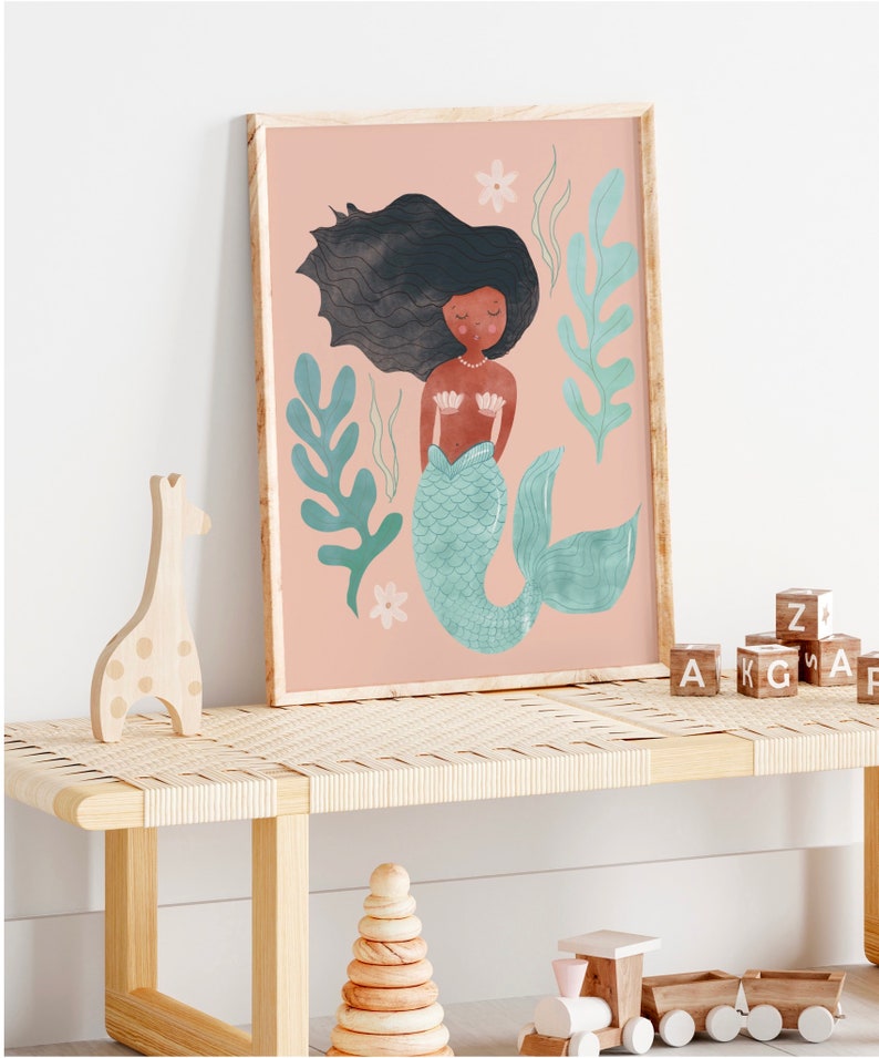 Mermaid wall art, black mermaid art, boho girl room, rattan decor, afro mermaid, Boho art print, bohemian wall art, whimsical art, image 4