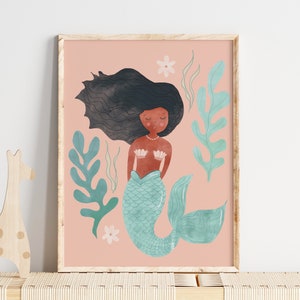 Mermaid wall art, black mermaid art, boho girl room, rattan decor, afro mermaid, Boho art print, bohemian wall art, whimsical art,