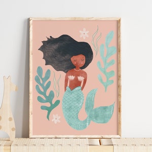 Mermaid wall art, black mermaid art, boho girl room, rattan decor, afro mermaid, Boho art print, bohemian wall art, whimsical art, imagem 1