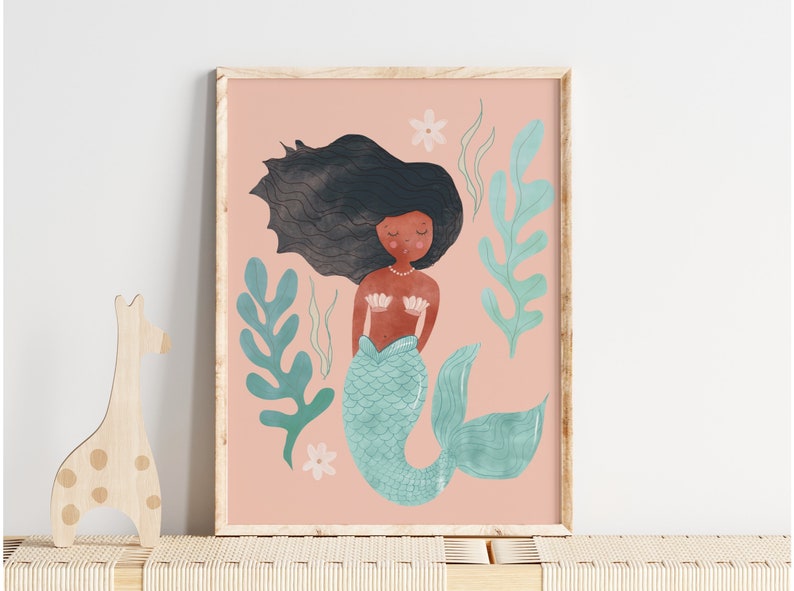 Mermaid wall art, black mermaid art, boho girl room, rattan decor, afro mermaid, Boho art print, bohemian wall art, whimsical art, image 1