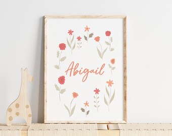 Flower name art, customizable gifts, girl's room, decor prints, name sign, Boho decor, whimsical wall art, nursery prints, flower girl gift