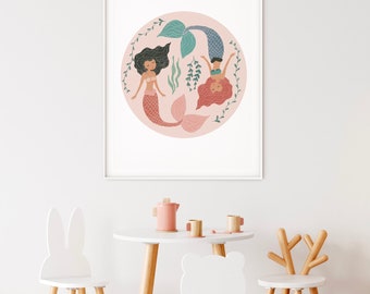 Boho Mermaid Twins Art Print, Girl Room Decor, Digital Download