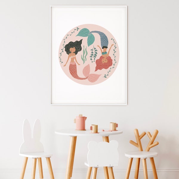 Mermaid Art Print, Girl Room Decor, Black mermaid,, mermaid twins, mermaid wall art, girl's room decor, rattan decor, whimsical art print