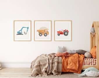 Set of 3, Construction, Watercolor, Nursery Prints, Construction Truck, Printable Vehicle, Transportation Art, Truck Prints, Boys room art,