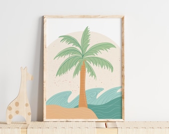 Boys palm tree, Retro palm print, Boys palm print, rattan nursery art, Boho boys art, beach room, surf art, beach theme, trendy boy art