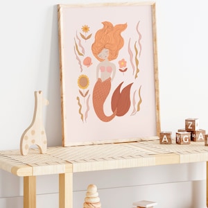Mermaid wall art, mermaid art, boho girl room, vintage nursery, vintage kids room, Blush peachy tones, autumn tones, hygge kids room