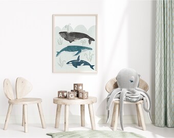 Whale Art Print, Digital Download, Ocean Animals, Watercolor Sea Animal Kids, nursery wall decor, printable nautical creatures,