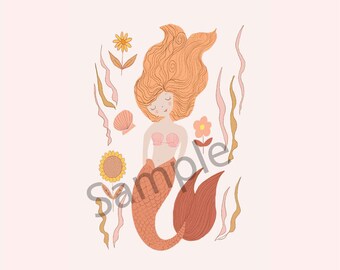 Horizontal, Vintage Mermaid, Boho room art, printabl, peach and pink, color scheme, girl's room art, horizontal art, sea theme, beach room