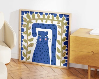 Blue Cat, animal art, boys room art, safari theme room, wild animal art, leopard art, baby boy wall art, cute wall art, funky colourful art