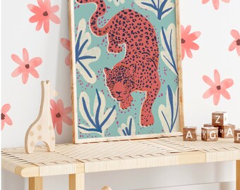 Leopard Wall Art, Safari Animals, Blue and Coral, Kids Art Print, Funky modern, Teen decor, Leopard Print, Fierce Leopard