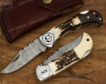 Handmade Damascus Steel Pocket Folding Knife 6.5", Real Stag Horn Handle, Damascus Fold Blade, Groomsman Gift, Camping Hiking Pocket Knife.