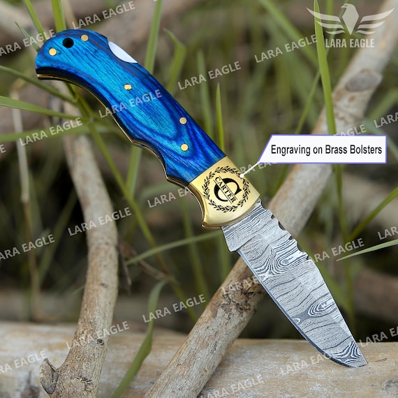 knife 6.5 Blue Wood Damascus Steel Pocket Knife Folding Pocket