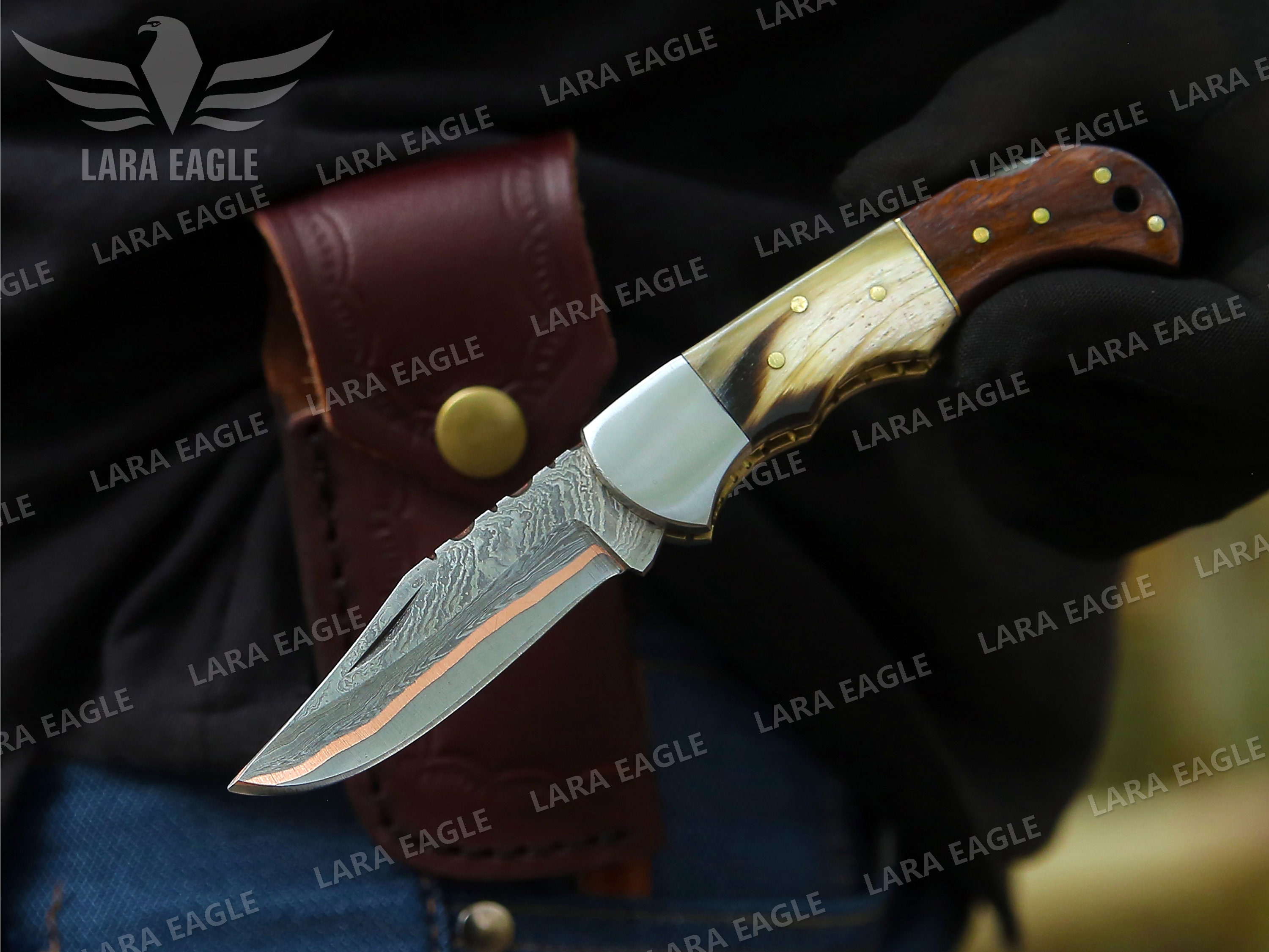 Folding Pocket Knife Hand Forged Damascus With Wood Handle & Back Lock