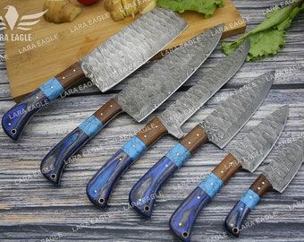 Handmade Damascus Chef Knife Set 6pcs, Turquoise Gemstone, Rose Wood, Pakka Wood Handle, Gift for Her, Gift for Him