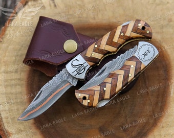 Handmade Copper Damascus Pocket Folding Knife Hand Forged Copper Damascus Blade Rose & Olive Wood Handle Anniversary Gift Groomsman Gift