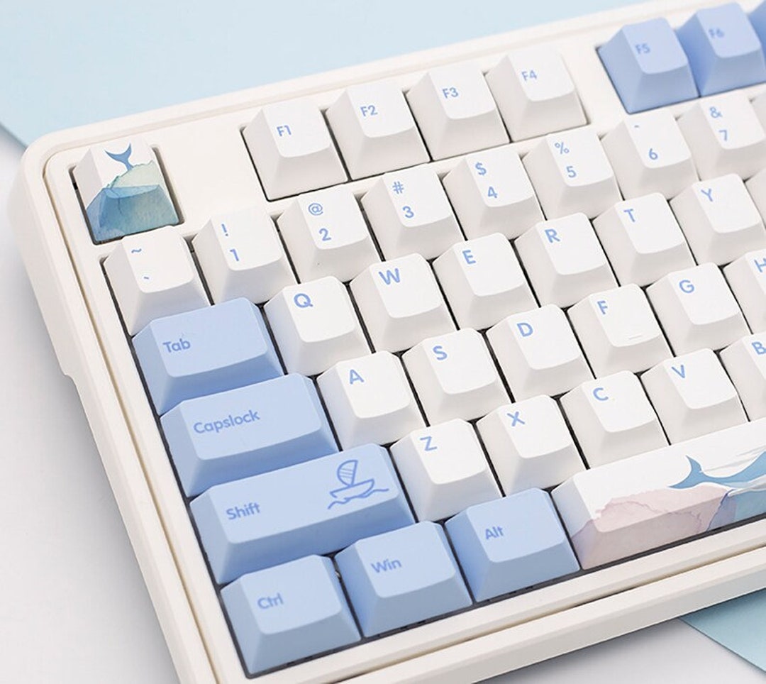 130PCS Blue Ocean Whale Themed Keycap, White Blue Keycap, PBT Keycap