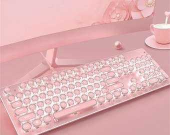 Clavier lumineux 87/104 touches Sakura rose pastel, clavier gaming/bureau, clavier gaming filaire USB, joli clavier mécanique rétro punk, cadeau