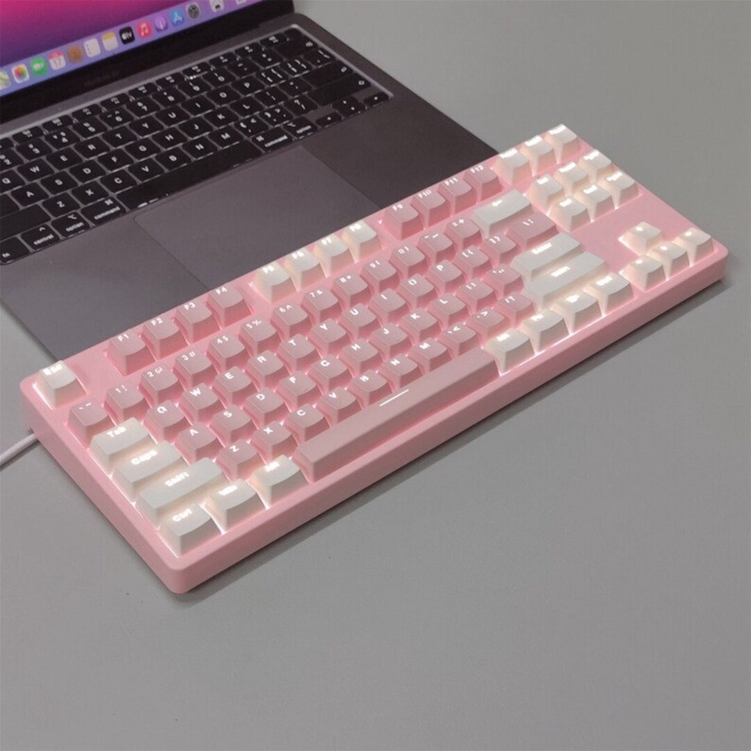 87 Key Girl's Pink Mechanical Keyboard, Pastel White Illuminated Keyboard, Office Keyboard