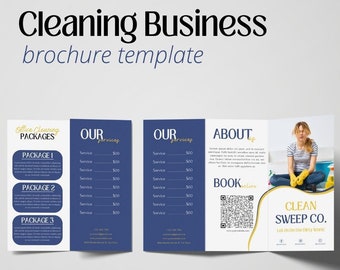 Puede incluir: Una plantilla de folleto tríptico para un negocio de limpieza. El folleto tiene un fondo azul con texto dorado. La parte delantera del folleto presenta el texto "Cleaning Business" y "brochure template". El interior del folleto tiene información sobre los servicios y paquetes del negocio. La parte posterior del folleto tiene una foto de una mujer limpiando y la información de contacto del negocio.