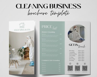 Puede incluir: Un folleto tríptico para una empresa de limpieza llamada "Cleaning & Co.". El folleto presenta una lista de precios para los servicios de limpieza de casas y comerciales, junto con información de contacto e iconos de redes sociales. El folleto también incluye una foto de una persona con un traje de protección blanco limpiando una habitación.